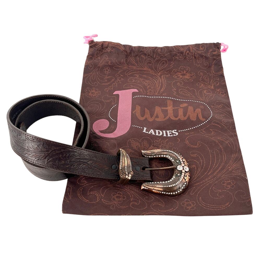 Justin Western Leather Belt Ladies Embossed Feather Rhinestone Buckle Size 34